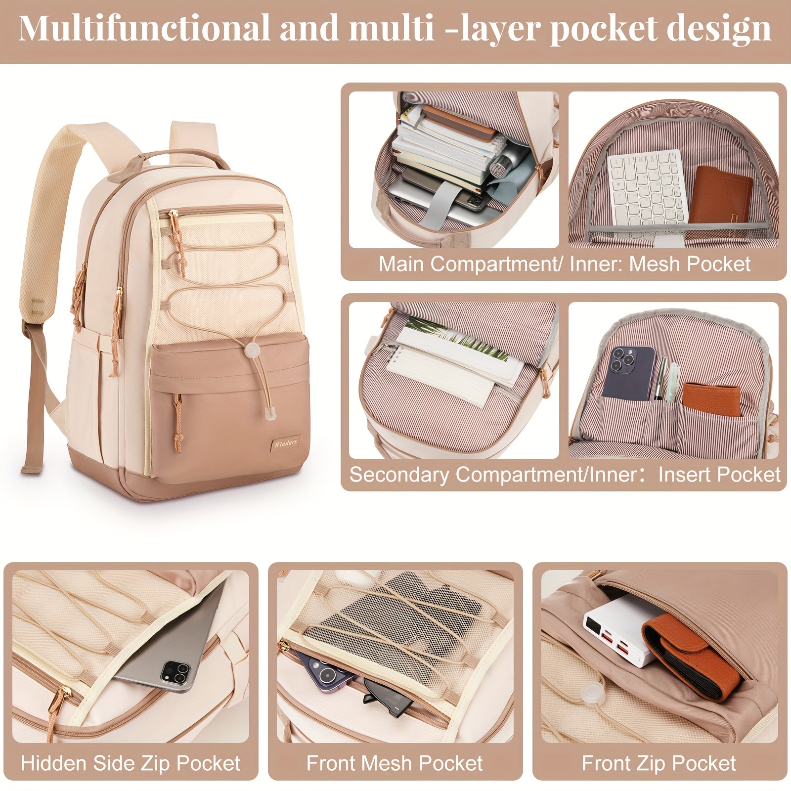 Stylish Large Capacity School Backpack for Teens Girls & Women Students - 15.6 Inch Laptop Bag with USB Charging Port, Durable Polyester College Bookbag, Khaki/Beige Travel Backpack for Work & Daily Commute, Backpack for Scho